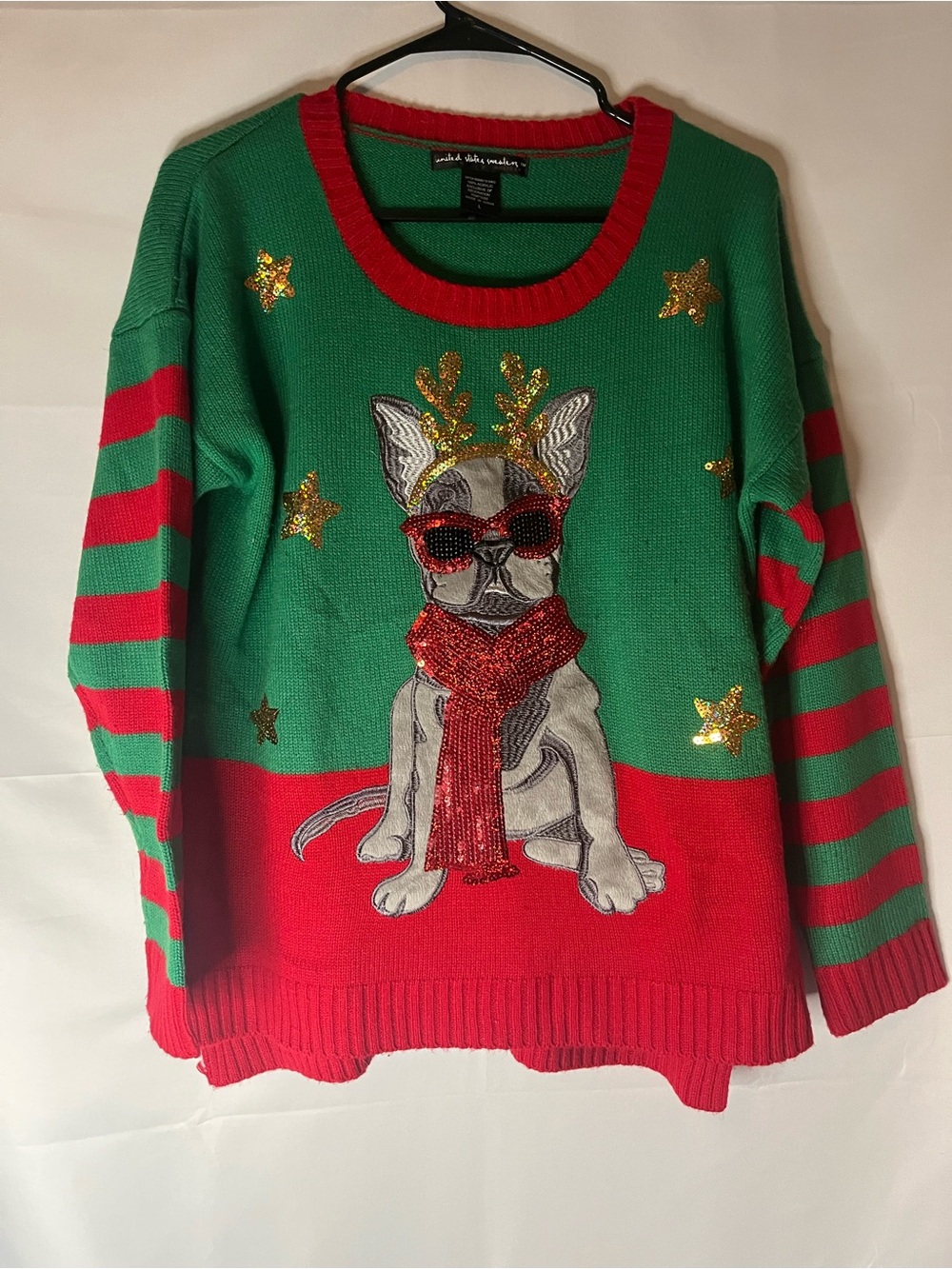 united states sweaters Green & Red French Bulldog Sequin Stars Crewneck sweater